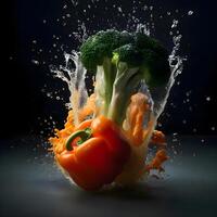 Falling vegetables with water splash on black background. Healthy eating concept., Image photo