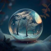 Magic crystal ball with forest and snow. 3D render illustration., Image photo