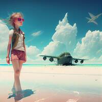 Beautiful girl on the beach near the plane. 3d rendering, Image photo