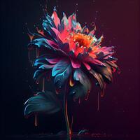 Colorful flower with watercolor splashes on dark background. 3d illustration, Image photo
