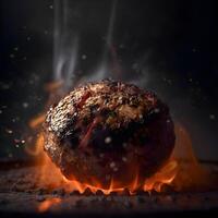 Flaming piece of meat on a black background with fire., Image photo