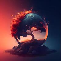 Abstract tree in the shape of a planet with red smoke on a dark background, Image photo