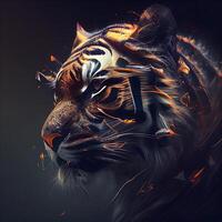 Tiger portrait with fire effect on dark background. Digital painting., Image photo
