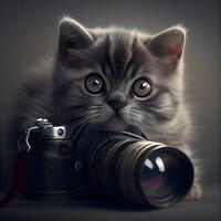 Cute kitten with a camera on a gray background. Animal theme, Image photo