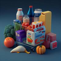 Shopping cart full of food products. 3d render illustration., Image photo