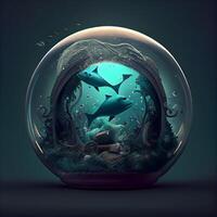 Underwater world with fish in a glass sphere. 3D rendering, Image photo