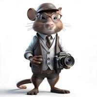3d ilustración de un dibujos animados ratón con un cámara en su mano, ai generativo imagen foto