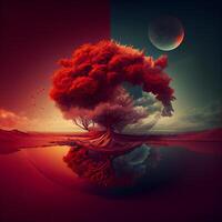 3d ilustración de fantasía paisaje con árbol, Luna y rojo arena, ai generativo imagen foto