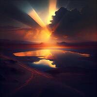 Fantasy landscape. Sunrise over the lake. 3D illustration., Image photo