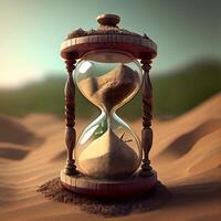 Hourglass in sand desert. Conceptual image. 3d render, Image photo