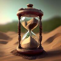 Hourglass in sand desert. Conceptual image. 3d render, Image photo