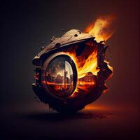 Astronaut helmet in flames on dark background. illustration., Image photo