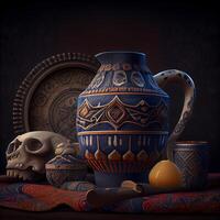 Still life with earthenware and human skull. 3d render, Image photo