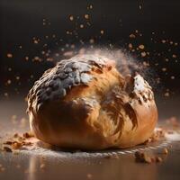 Creamy doughnut sprinkled with powdered sugar on a dark background, Image photo