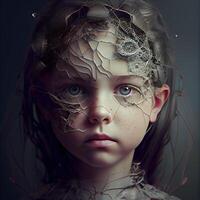 3d rendering of a little girl with a spider web on her head, Image photo