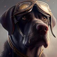 Portrait of a dog with aviator helmet and goggles on a dark background., Image photo