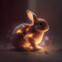 Rabbit on a dark background with light and smoke. 3d rendering, Image photo