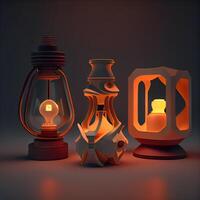 3d rendering of three vintage kerosene lamps on dark background, Image photo