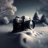 Retro camera in the winter forest. Filtered image processed vintage effect., Image photo