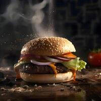 Hamburger on a dark background with smoke. Close-up., Image photo