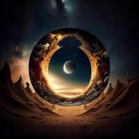 Fantasy landscape with planet and moon. 3D illustration. Elements of this image furnished by NASA, Image photo