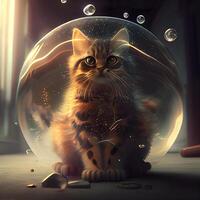 Cute cat inside a glass ball with water drops inside. 3d rendering, Image photo