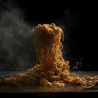 Instant noodle with flying smoke on black background, close-up, Image photo