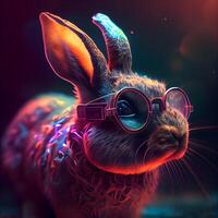 Funny rabbit wearing sunglasses on a dark background. 3d rendering, Image photo