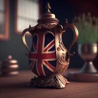 British teapot with flag of United Kingdom. 3D rendering, Ai Generative Image photo