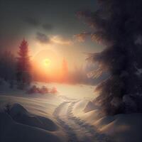 fantástico invierno paisaje. amanecer en un Nevado bosque. 3d representación, ai generativo imagen foto