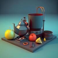 pava, té conjunto y manzana en mesa. 3d representación, ai generativo imagen foto