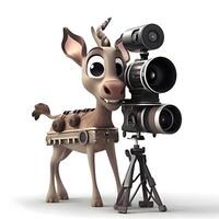 3D Render of a cartoon deer with a camera on white background, Image photo