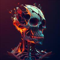 Human skull in red and blue flames on dark background. 3d illustration, Image photo