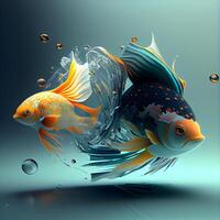 3D Illustration of a goldfish with blue and yellow background, Image photo