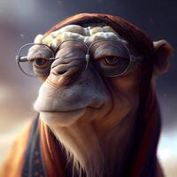 Camel wearing glasses and scarf in the rain. 3d illustration, Image photo