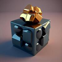 Black gift box with golden bow on dark background. 3d illustration, Image photo