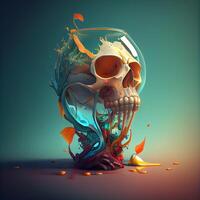 Human skull with autumn leaves on a blue background. 3d illustration, Image photo