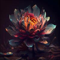 hermosa loto flor en un oscuro antecedentes. 3d ilustración, ai generativo imagen foto