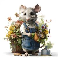 White mouse with a bouquet of flowers on a white background., Image photo