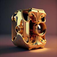 3d representación de un dorado cámara en un oscuro antecedentes. computadora digital dibujo., ai generativo imagen foto