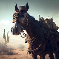 Horse in the desert with cacti in the background., Image photo