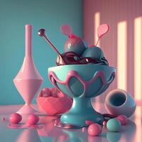 Ice cream in a bowl with ice cream scoop, 3d render, Image photo