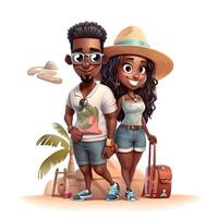 Full length portrait of a happy young African American couple in summer clothes with backpacks and hats walking on white background, Image photo