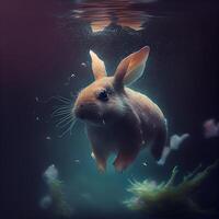 Rabbit swimming in the aquarium. This is a 3d render illustration, Image photo