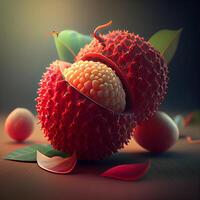 Ripe lychee fruit on wooden background. 3d illustration, Image photo