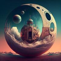 Fantasy landscape with mosque on the moon. 3D illustration., Image photo