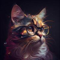 Sketch of a cat with glasses on a black background., Image photo