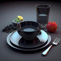 Cup of tea and fruits on a black background. 3d illustration, Image photo