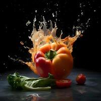 tomato in water with splash on a black background. close-up, Image photo