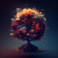 Fantasy tree with colorful leaves and fruits. 3D illustration., Image photo